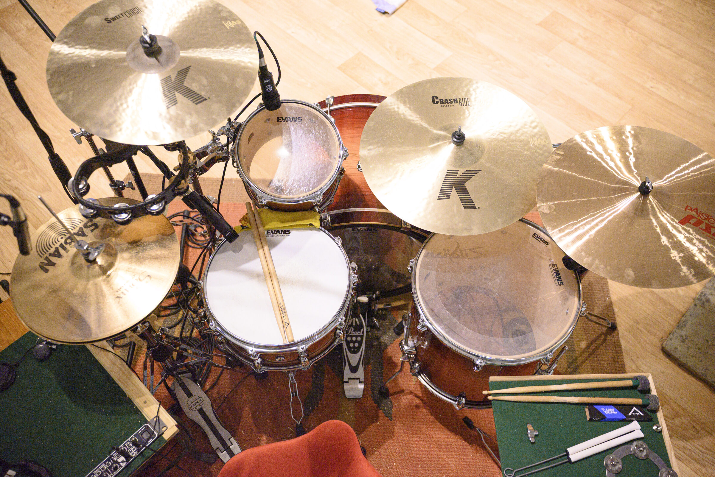 Overhead view of the full drum kit