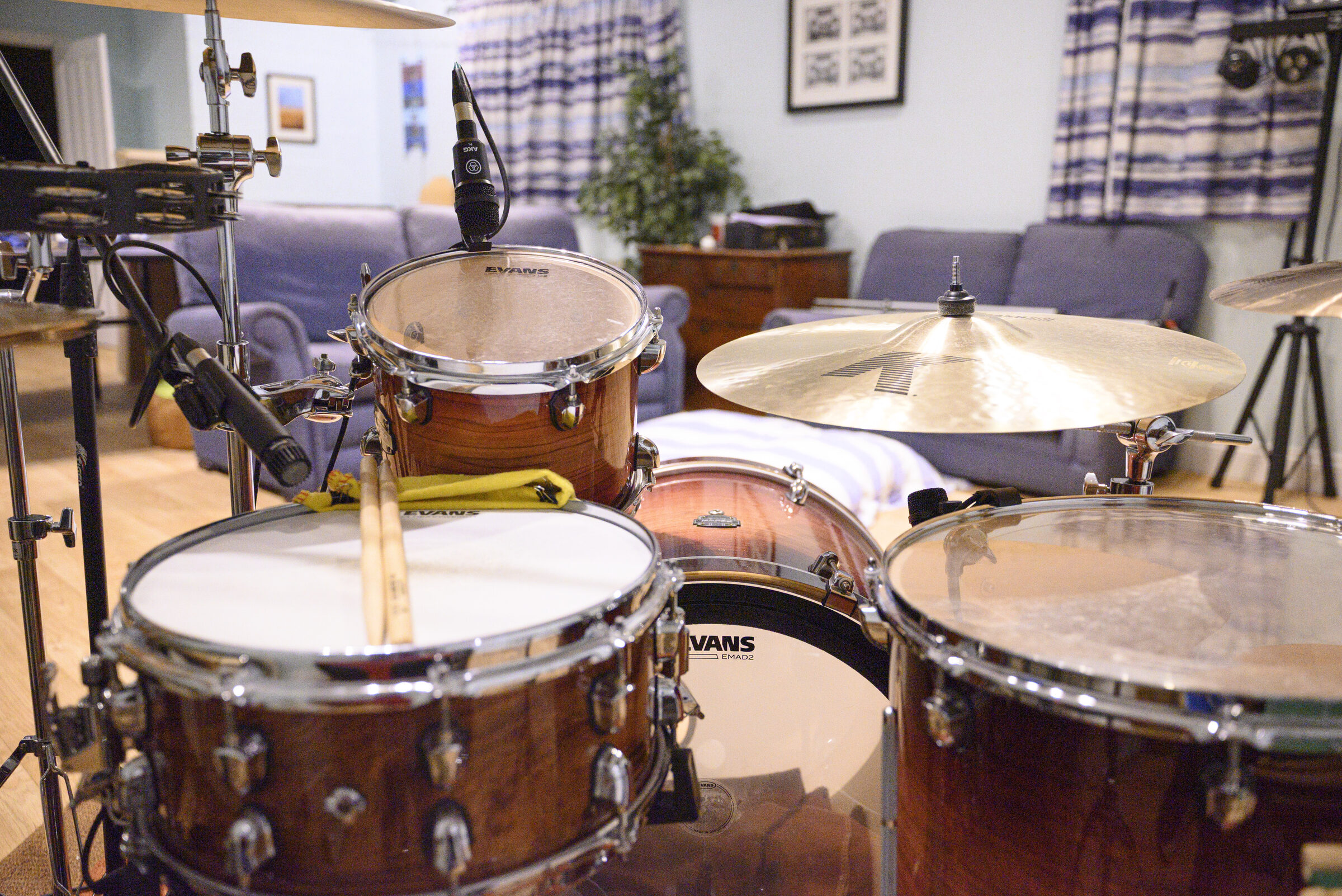 The drum kit set up in the home studio, ready to record