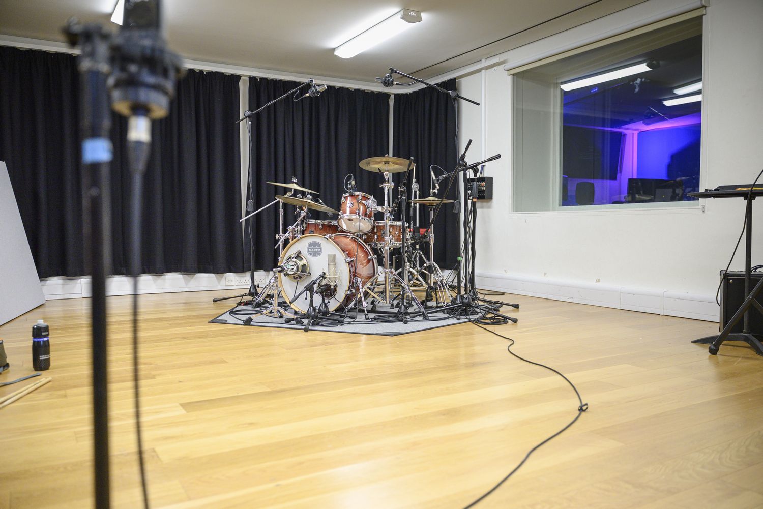 Drum kit under studio lighting