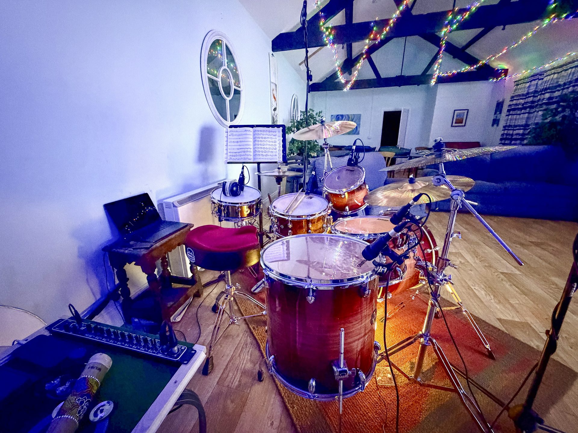 Archie's drum kit close-up with mics